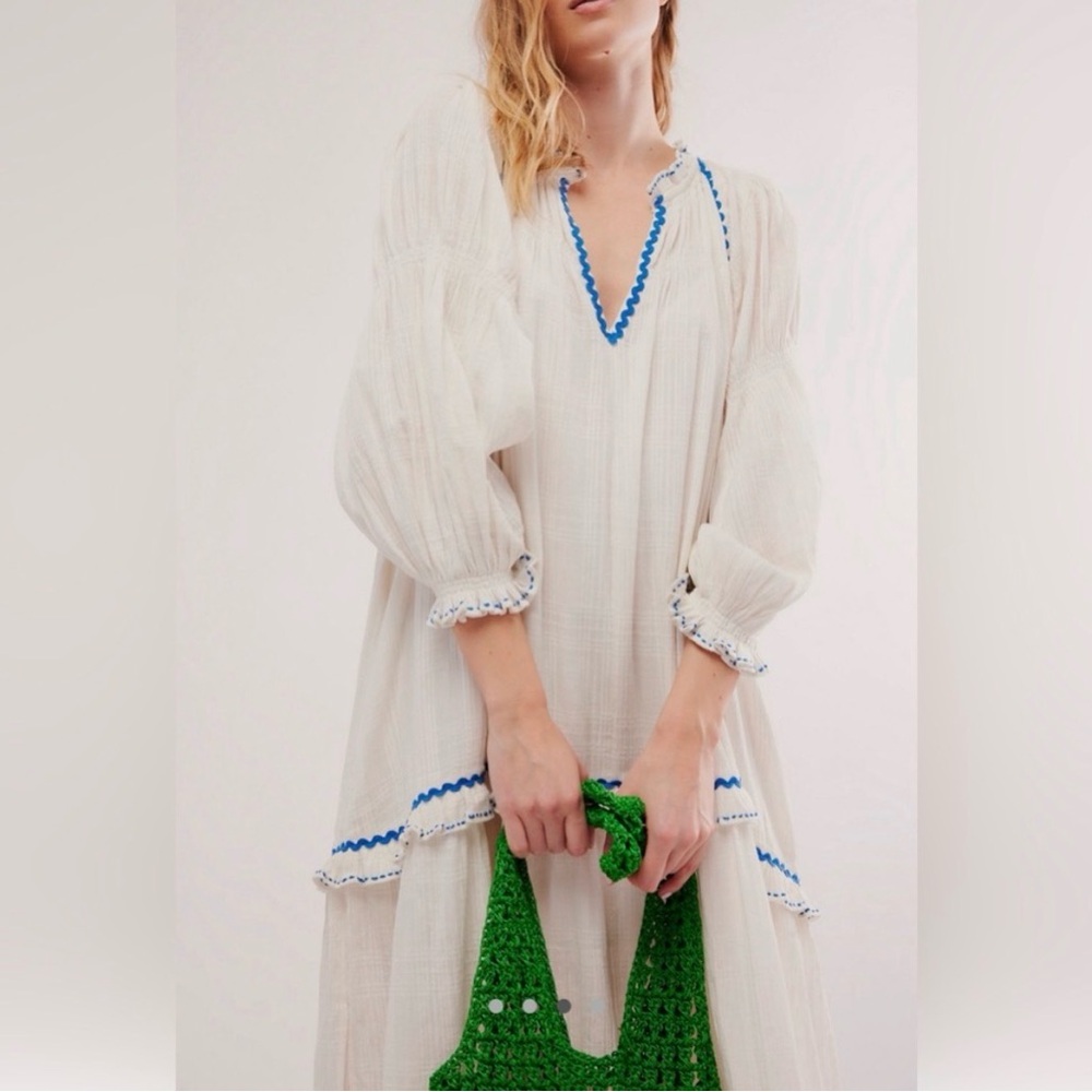 Free People White Midi Dress with Blue Trim - Picture 3 of 7